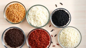 Overhead flat lay of various rice varieties in clear glass bowls - white basmati, brown jasmine, black forbidden rice, red rice, and wild rice arranged in circle on light wooden table with soft natural morning light