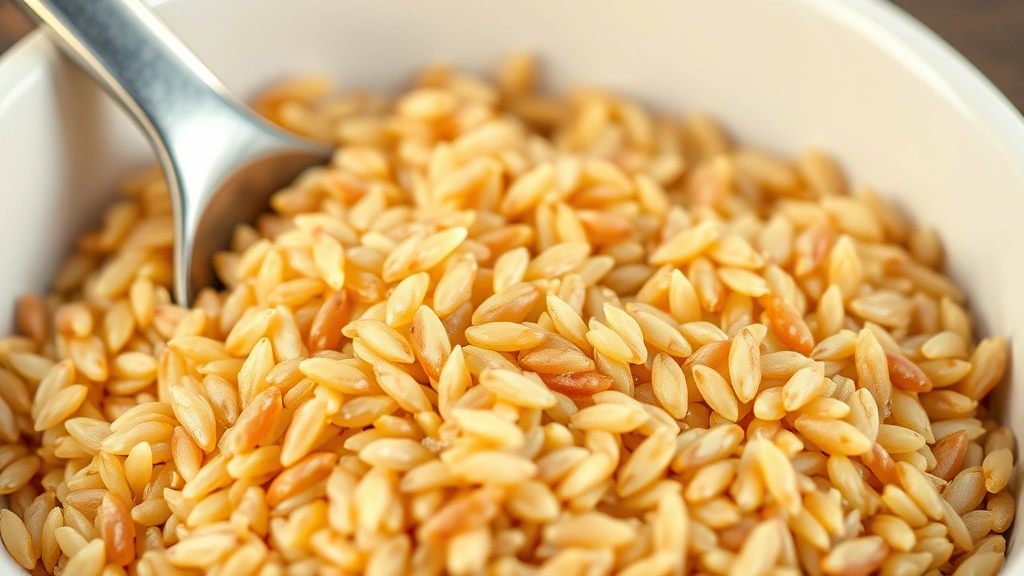 Close-up macro photography of cooked brown rice grains in white ceramic bowl with wooden spoon, showing texture and individual grain definition, warm kitchen lighting