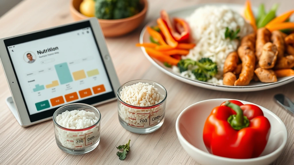 Nutritionist's workspace with tablet displaying nutrition tracking app, measuring cups with different rice varieties, fresh vegetables like broccoli and bell peppers, and a balanced plate composition with rice, protein, and vegetables in background