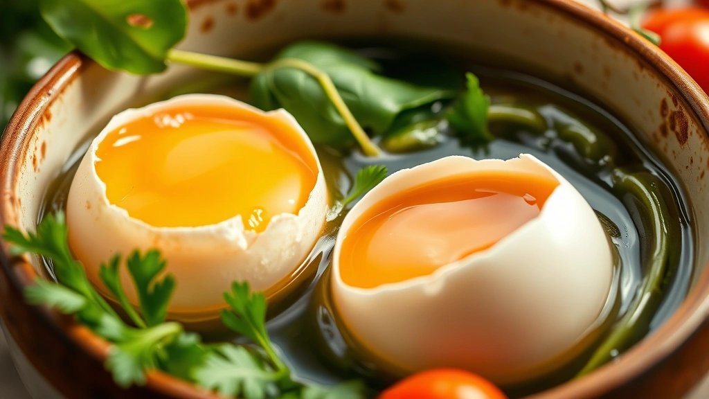 Close-up of two cracked medium eggs in a ceramic bowl, surrounded by fresh herbs and vegetables including spinach and tomatoes, warm natural lighting, shallow depth of field, food photography style