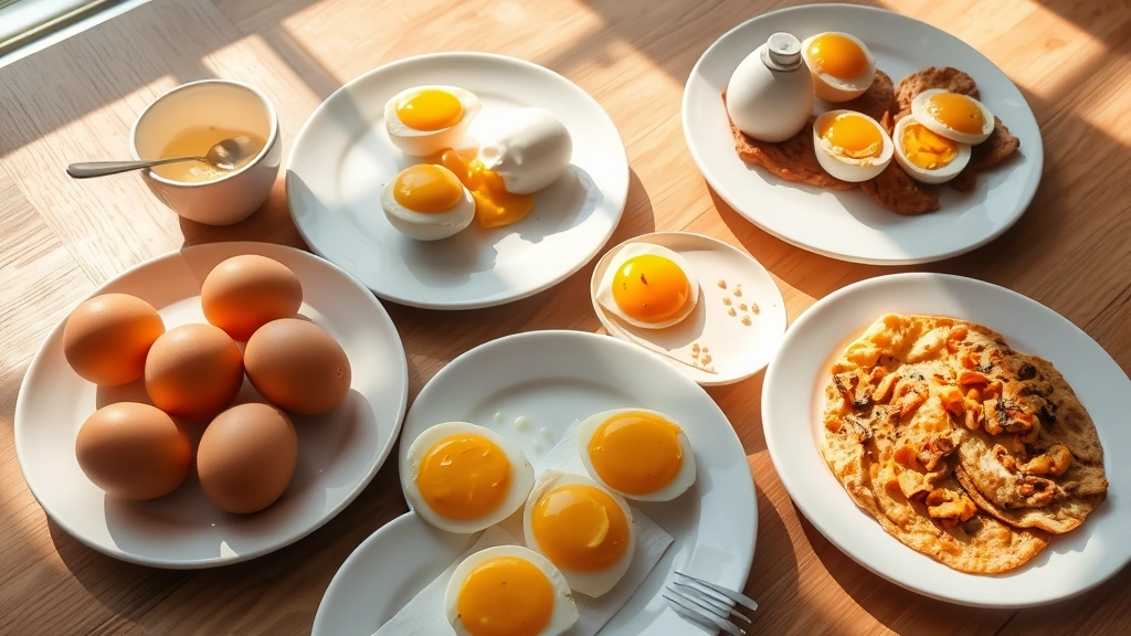 Array of various prepared egg dishes displayed on white plates: boiled, poached, scrambled, and fried eggs arranged artfully, natural morning sunlight streaming across wooden table, minimalist composition