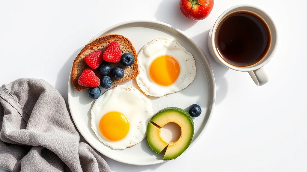 Overhead shot of a nutritionally balanced breakfast plate featuring two eggs, avocado slices, whole grain toast, fresh berries, and a cup of coffee, bright natural lighting, flat lay photography
