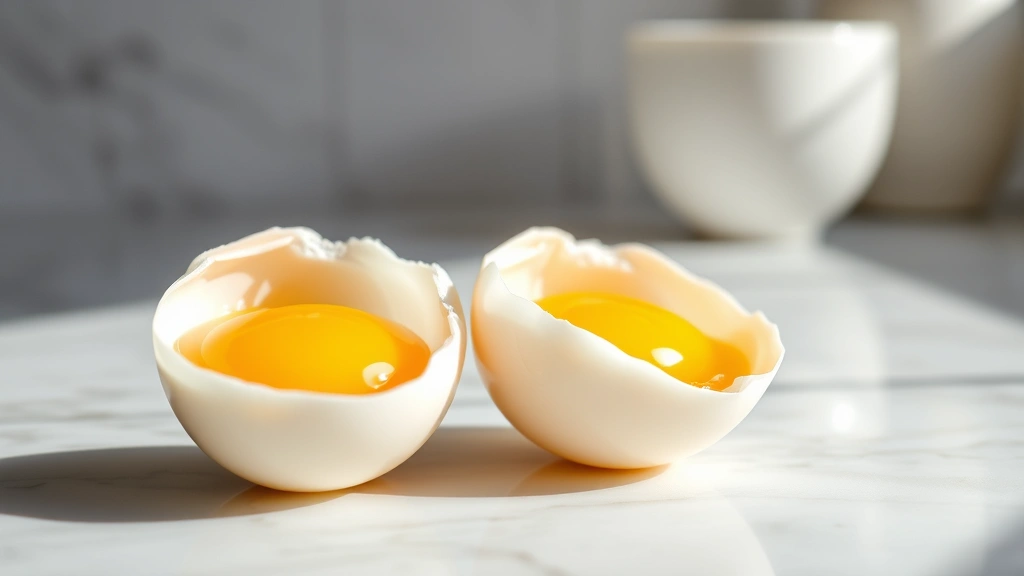 Close-up of two cracked raw eggs with vibrant yolks on a marble countertop, natural morning light streaming across, minimalist food photography style