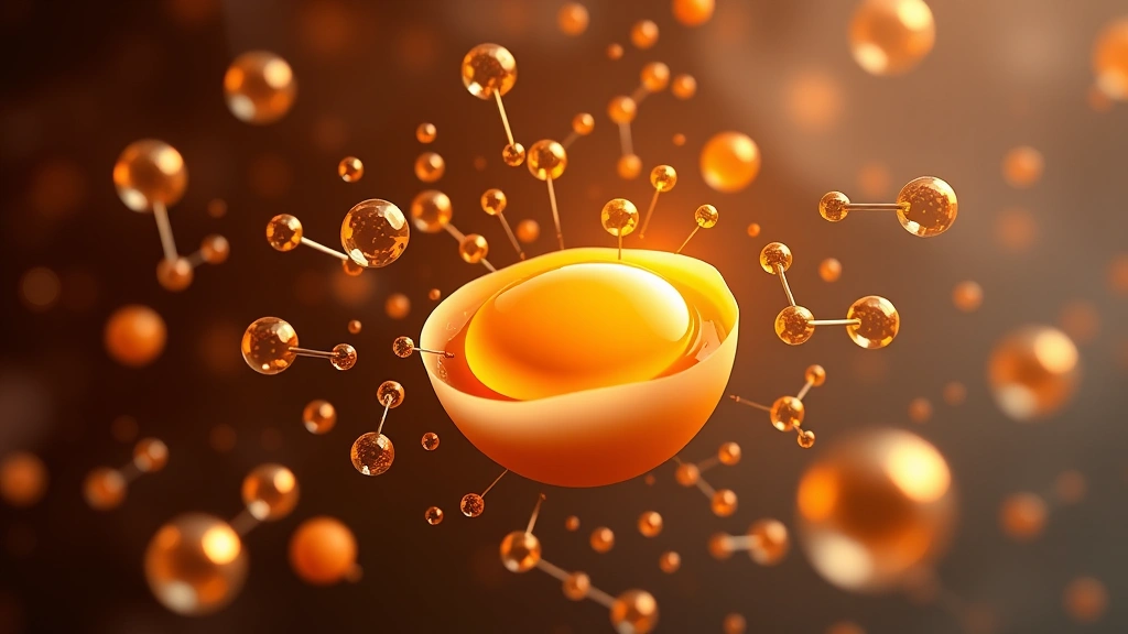 Infographic-style visualization of nutrient molecules and micronutrients floating around a golden egg yolk, modern scientific illustration aesthetic with warm lighting