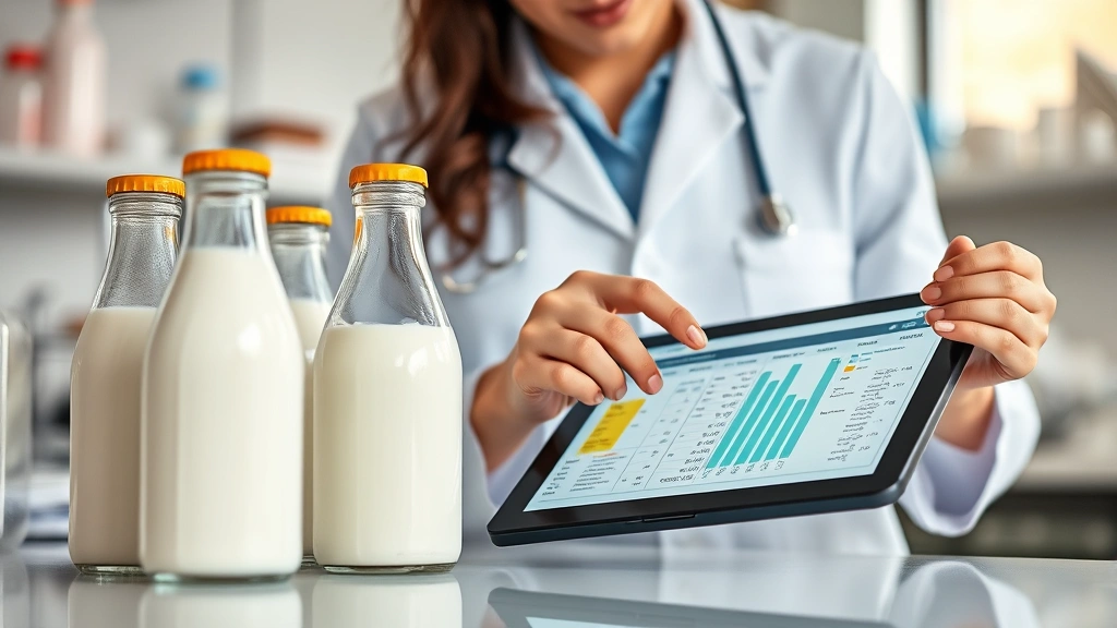 Professional nutritionist reviewing dairy milk bottles and nutritional data on tablet, laboratory setting with fresh milk in glass containers, soft natural lighting, focused composition on nutrition analysis