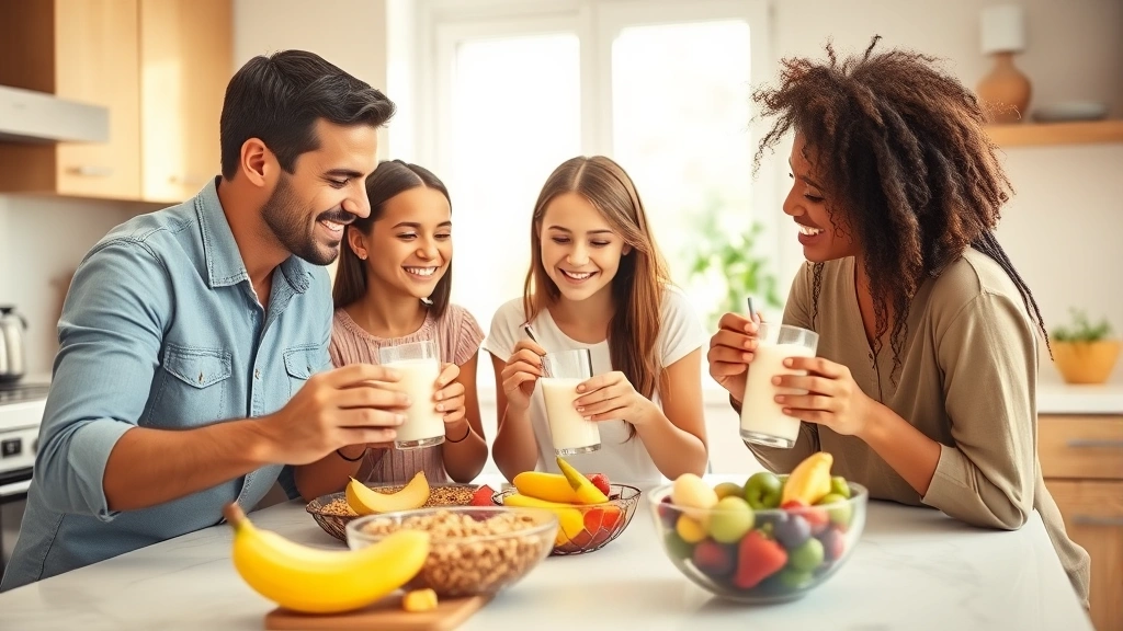 Diverse family enjoying milk with breakfast including whole grain cereals and fresh fruit, bright kitchen environment, warm morning light through windows, wholesome everyday nutrition scene