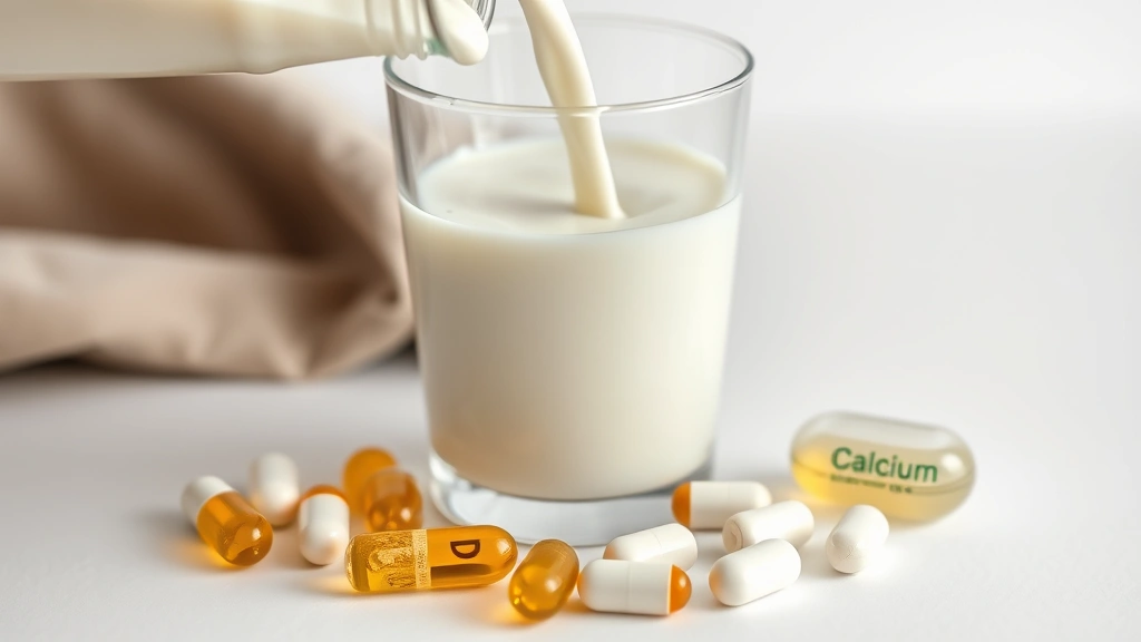 Close-up of milk being poured into glass with calcium supplement capsules and vitamin D tablets nearby, scientific composition showing nutrient relationship, clean white background, professional health photography