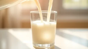 Close-up of fresh milk being poured into a clear glass with morning sunlight streaming through, showing white liquid and natural lighting, no text or labels visible