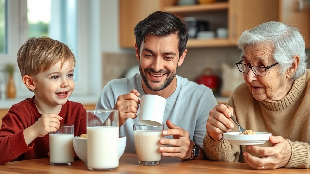 Diverse group of people of different ages enjoying milk with breakfast—child with cereal bowl, adult with coffee and milk, older person with oatmeal, warm kitchen setting, no visible text