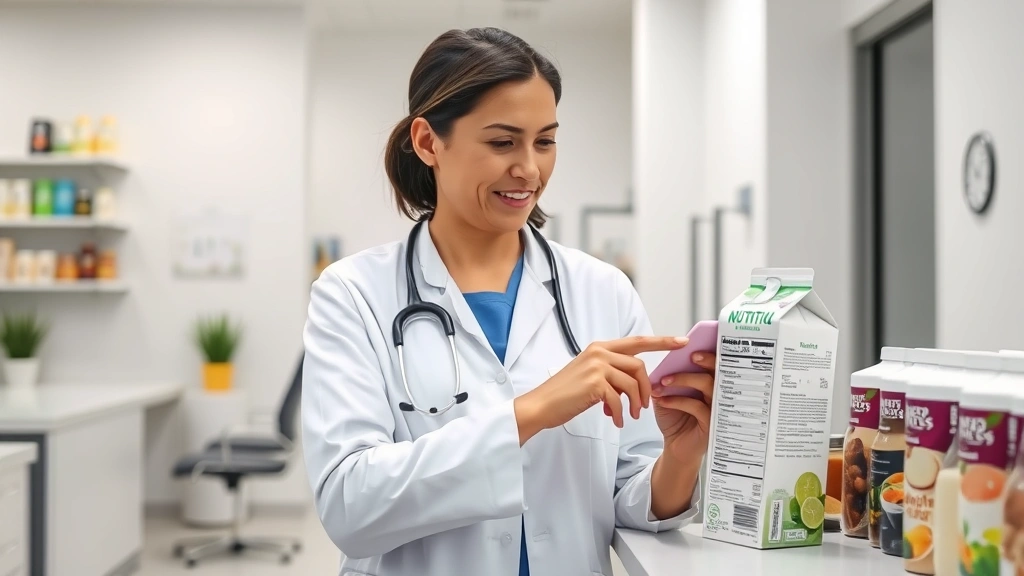 Nutritionist or dietitian reviewing food labels and dairy products in modern clinic office, pointing to milk carton, clinical but approachable atmosphere, no visible screen text or interface elements