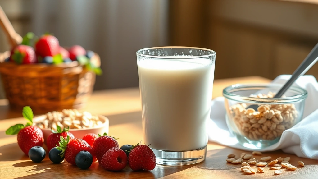 Glass of 2% milk with condensation droplets sitting on wooden table beside fresh berries and whole grain cereal, natural morning light streaming across surface, photorealistic dairy beverage photography