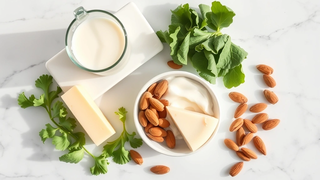 Overhead flat lay of calcium-rich foods including glass of milk, yogurt bowl, cheese wedge, leafy greens, and almonds arranged artistically on marble countertop, bright natural lighting, nutritionist-approved composition