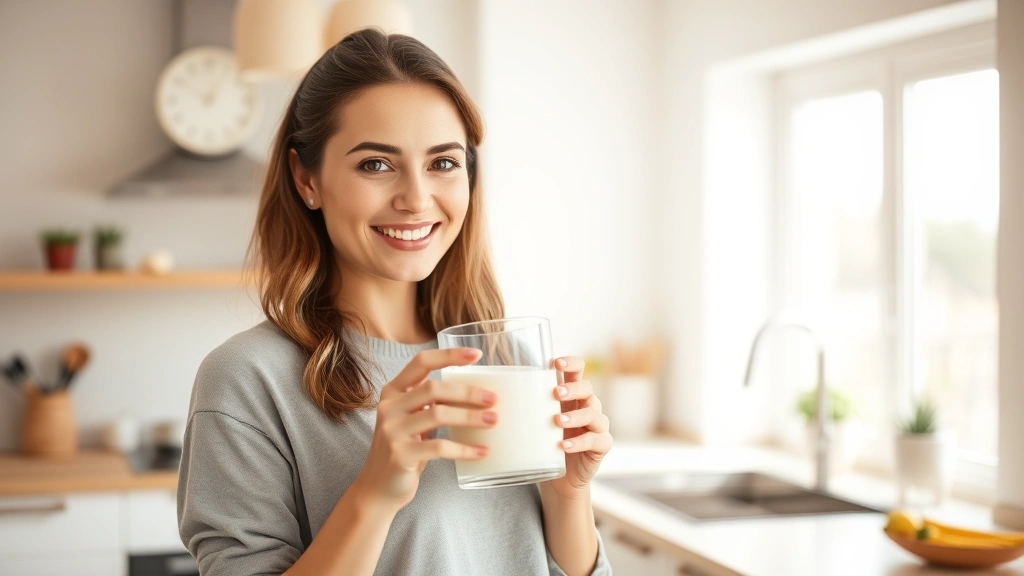 Woman holding glass of milk in bright kitchen during daytime, smiling while looking at camera, modern minimalist kitchen background, warm natural lighting, representing healthy dairy consumption habits