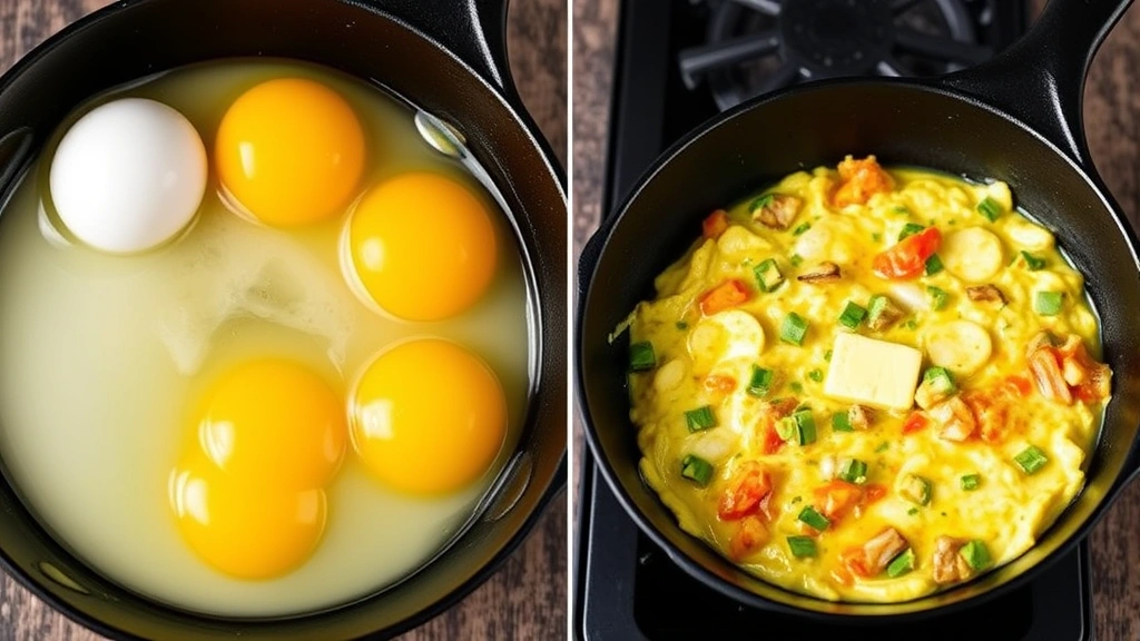 Split-screen comparison showing raw eggs versus cooked scrambled eggs with butter and vegetables in cast iron skillet, emphasizing transformation during cooking process