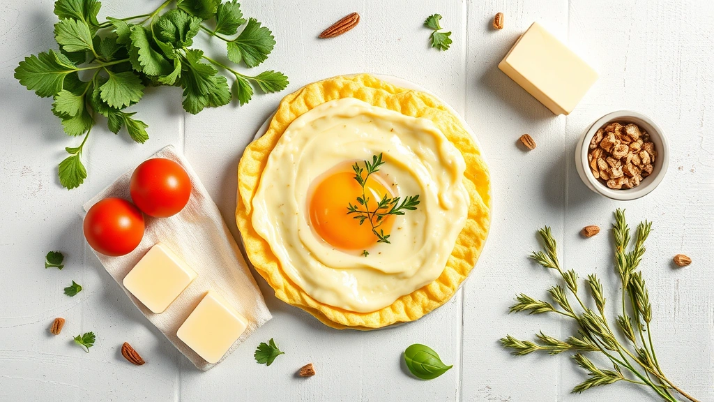 Flat-lay nutritional content visualization with scrambled eggs as centerpiece surrounded by ingredient elements like butter, vegetables, and herbs, warm natural lighting, modern food styling