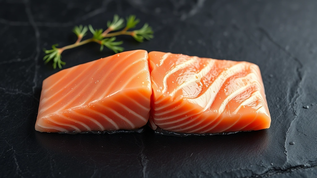 Fresh Atlantic salmon fillet on dark slate background, raw pink flesh glistening with moisture droplets, professional food photography lighting, no text or labels visible, shallow depth of field