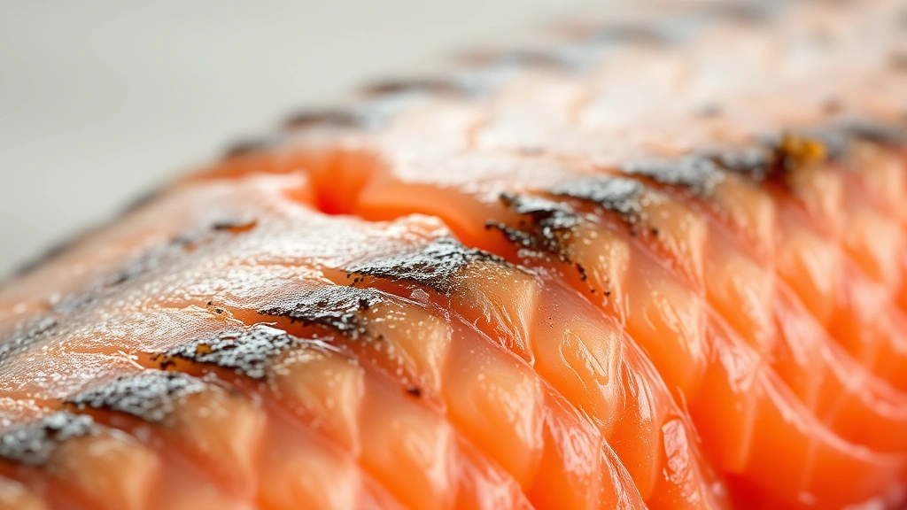 Close-up macro photography of salmon flesh texture showing flaky muscle fibers and natural coloring, professional studio lighting with soft shadows, neutral background, no text elements