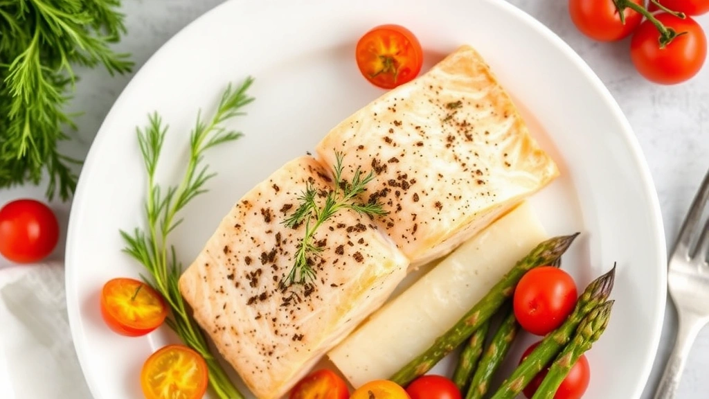 Plated salmon dinner presentation with fresh herbs like dill and thyme, roasted vegetables including asparagus and cherry tomatoes, white ceramic plate, overhead flat-lay composition, no nutritional information or text visible