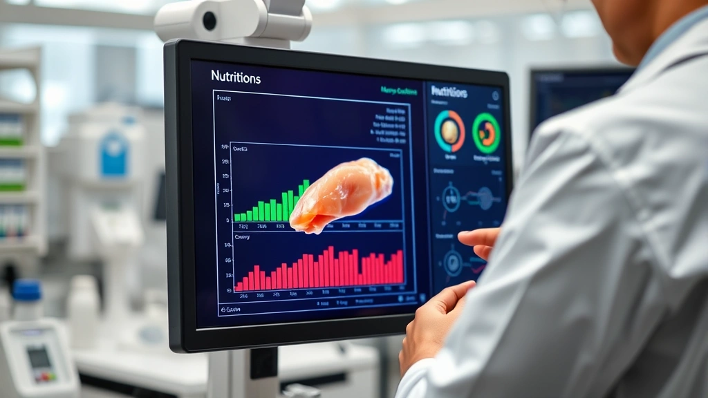 Professional nutritionist analyzing chicken breast on a digital nutrition analysis screen showing macronutrient breakdown charts and protein content metrics in a modern clinical laboratory setting