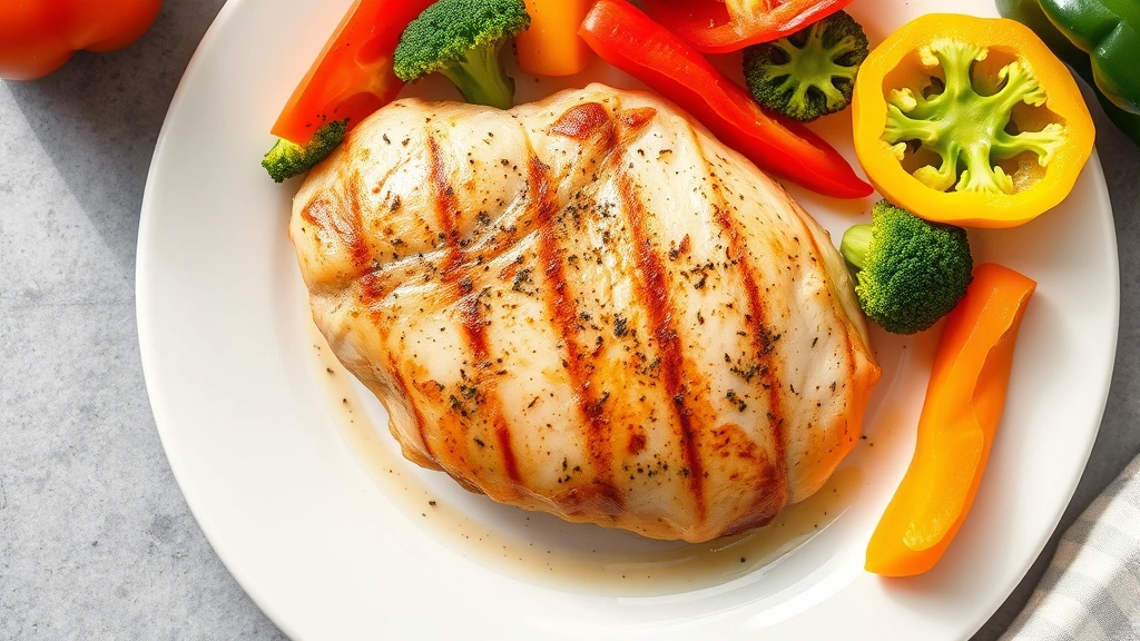Overhead shot of perfectly cooked chicken breast on a white plate surrounded by colorful vegetables like broccoli and bell peppers in natural daylight, emphasizing meal preparation composition