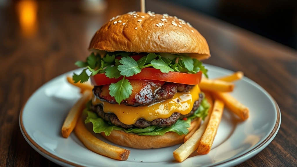 Close-up overhead shot of a gourmet burger with fresh toppings and hand-cut fries on a modern restaurant-style plate, warm natural lighting, shallow depth of field, professional food photography style