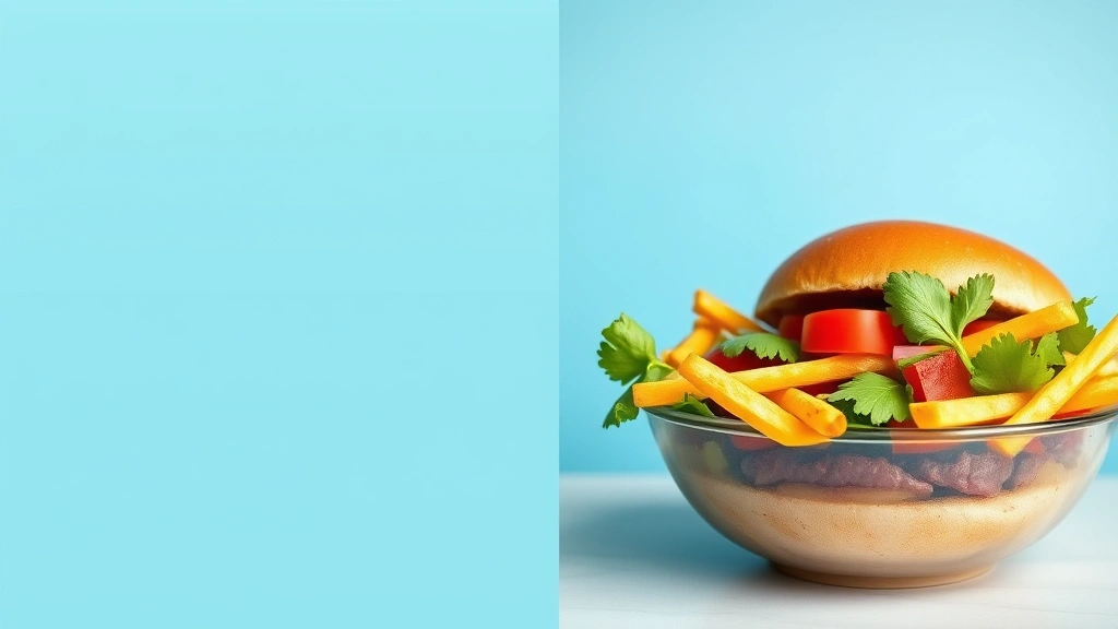 Split-screen comparison showing a burger and fries meal on one side versus a colorful salad bowl with vegetables on the other, balanced composition, bright daylight studio lighting, nutrition education aesthetic
