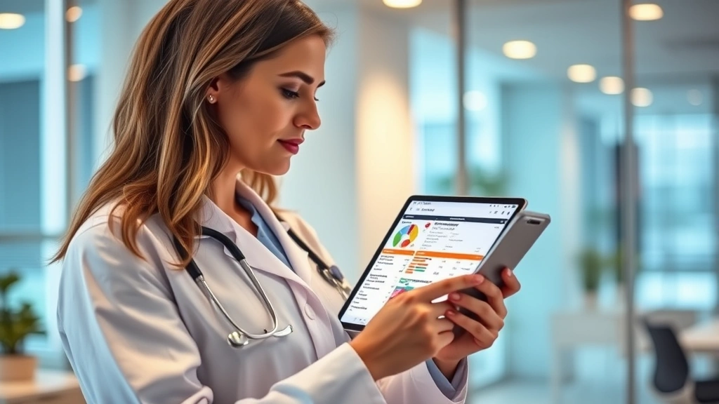 Nutritionist or dietitian reviewing nutrition facts on a tablet device in a modern clinic office, warm ambient lighting, professional healthcare setting, person appears focused and analytical, blurred office background