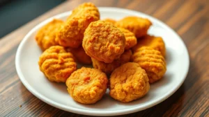 Close-up of golden-brown chicken McNuggets on a white plate, professional food photography, shallow depth of field, warm lighting highlighting texture and crispiness, no text or branding visible