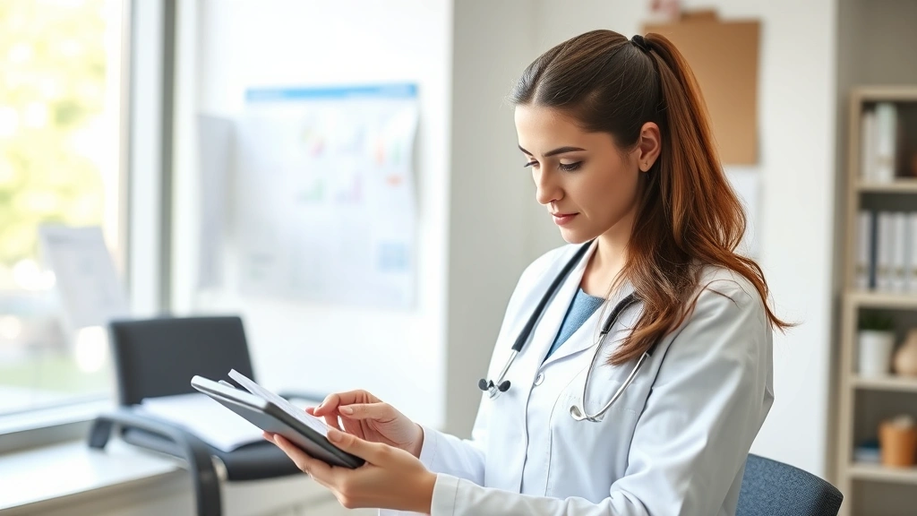 Registered dietitian reviewing nutritional data on tablet in modern clinic setting, papers with nutrition charts visible but not readable, professional healthcare environment, natural daylight