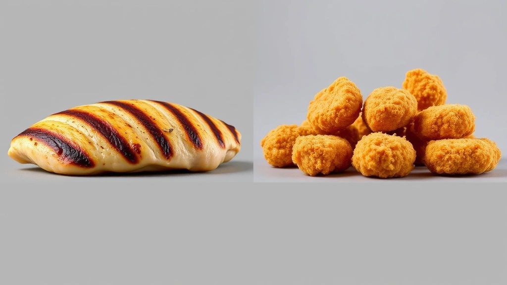 Split-screen comparison showing grilled chicken breast on one side and breaded McNuggets on the other, neutral background, clinical food photography style, clear visual contrast between whole and processed protein