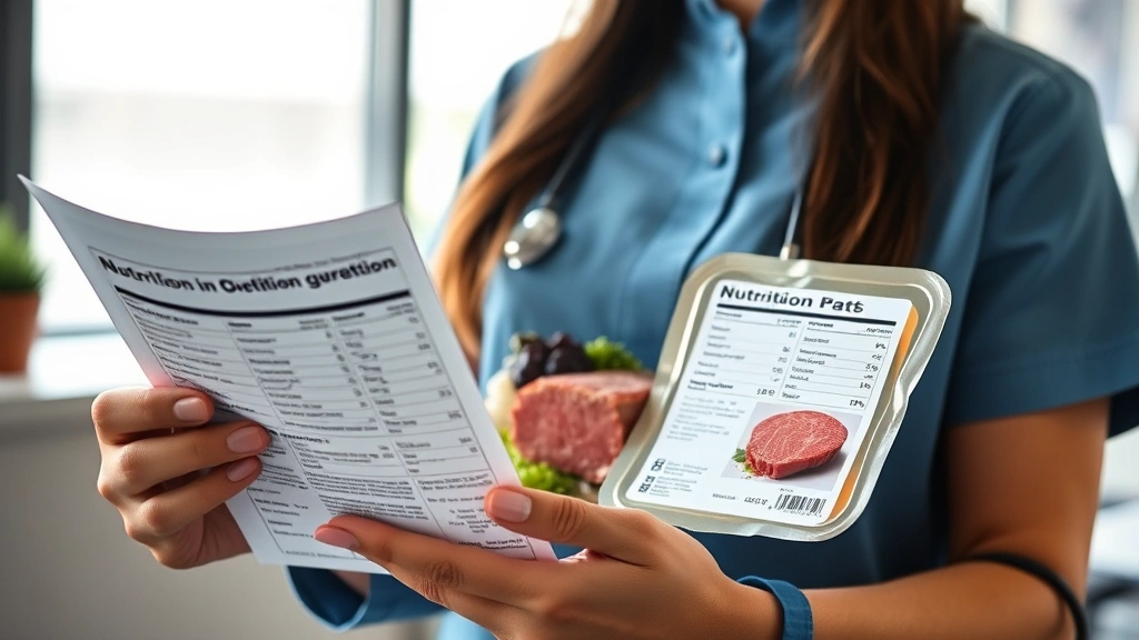 Professional dietitian reviewing nutritional data on ground beef packages in modern clinic setting, soft natural lighting, close-up of hands holding research documents
