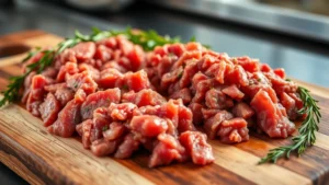 Professional food photography of raw and cooked ground beef on wooden cutting board with fresh herbs, natural kitchen lighting, close-up perspective showing meat texture and color variation, professional culinary style, no text or labels visible