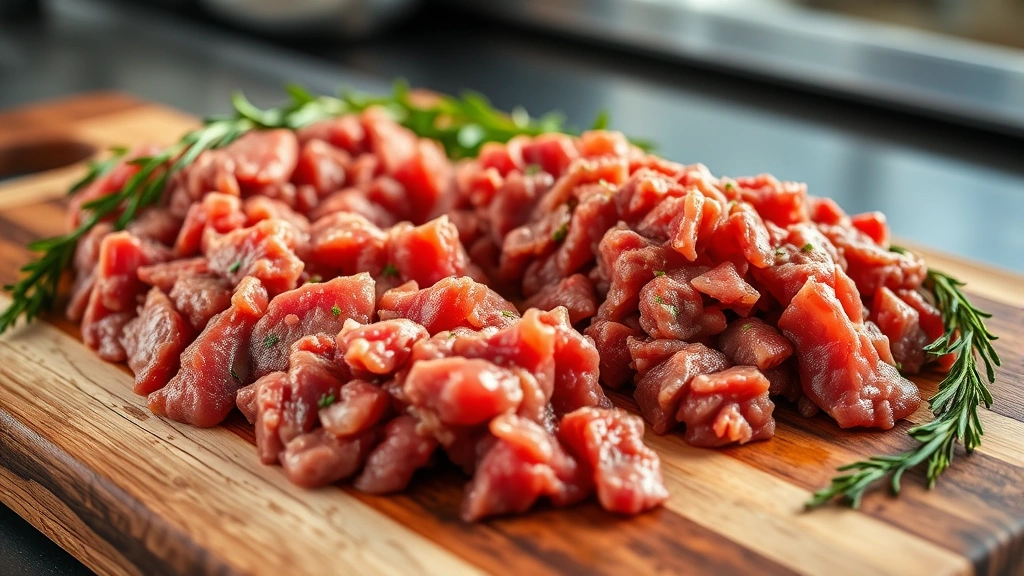 Professional food photography of raw and cooked ground beef on wooden cutting board with fresh herbs, natural kitchen lighting, close-up perspective showing meat texture and color variation, professional culinary style, no text or labels visible