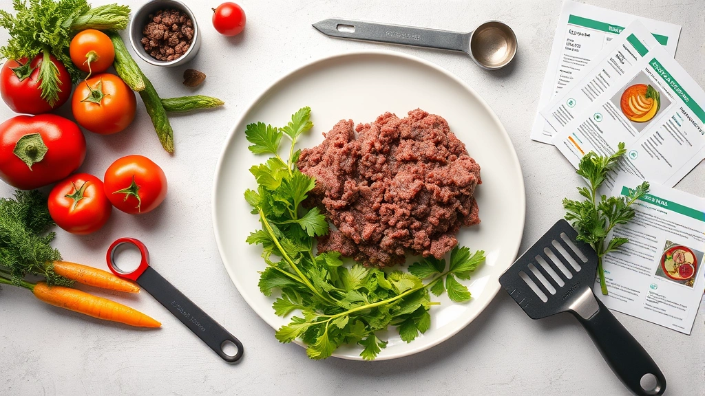 Overhead flat lay of prepared 80/20 ground beef on white ceramic plate with measuring tools, fresh vegetables, and nutrition reference cards arranged artistically