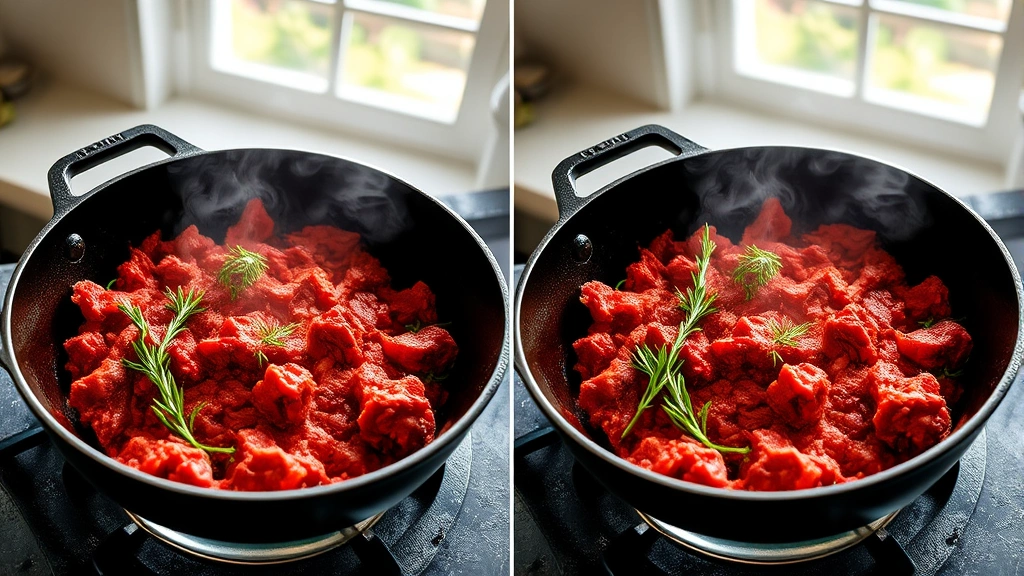 Split-screen comparison showing ground beef in cast iron skillet mid-cooking with steam rising, vibrant red-brown meat color, garnished with fresh rosemary and thyme, professional kitchen setting, natural daylight through window, no overlay text