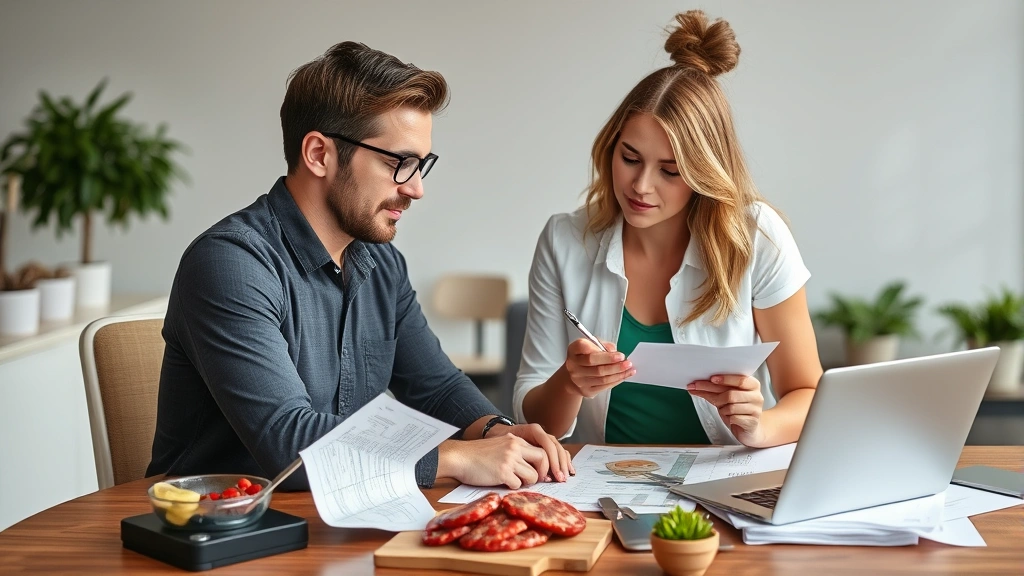 Fitness professional and nutritionist collaborating at desk with ground beef nutrition charts, food scale, and dietary planning documents in contemporary office environment
