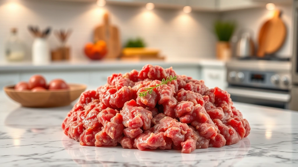 Professional food photography of raw 80/20 ground beef on white marble countertop with ambient kitchen lighting, shallow depth of field, photorealistic, no text or labels visible