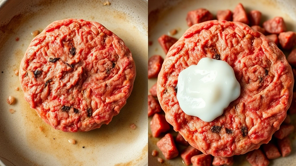 Split-screen comparison showing cooked ground beef patties, one being drained of fat versus one retaining fat, bright natural lighting, clean minimalist composition, photorealistic food photography