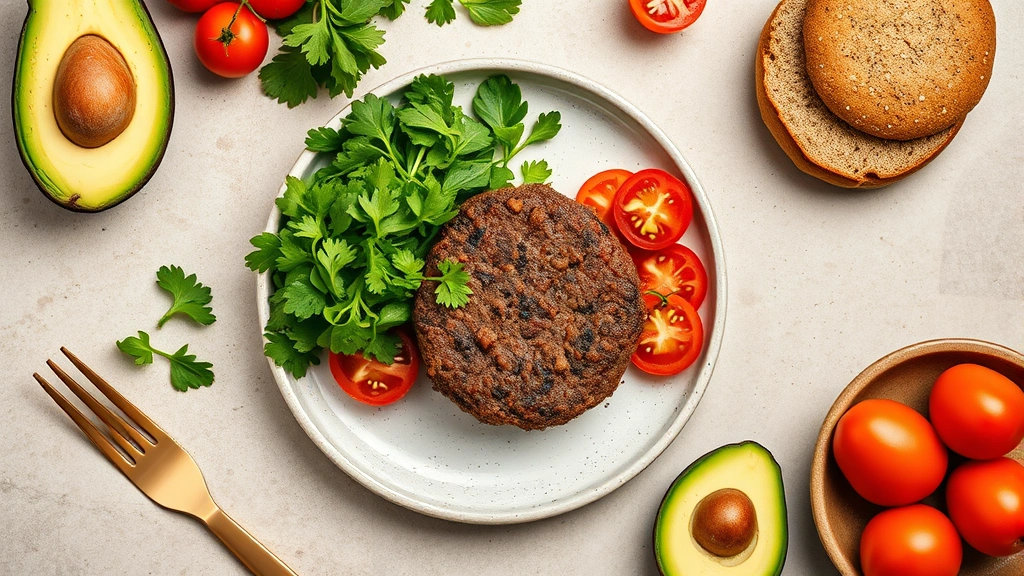 Overhead flat lay of balanced meal plate featuring cooked 80/20 ground beef burger patty, fresh leafy greens, sliced tomatoes, whole grain bun components, and avocado slices on neutral background, warm professional lighting