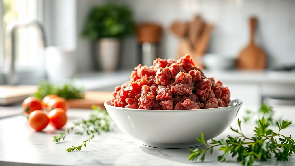 Professional food photographer capturing raw 85/15 ground beef in a white ceramic bowl on a bright kitchen counter, natural daylight streaming in from the side, shallow depth of field with fresh herbs and vegetables softly blurred in the background