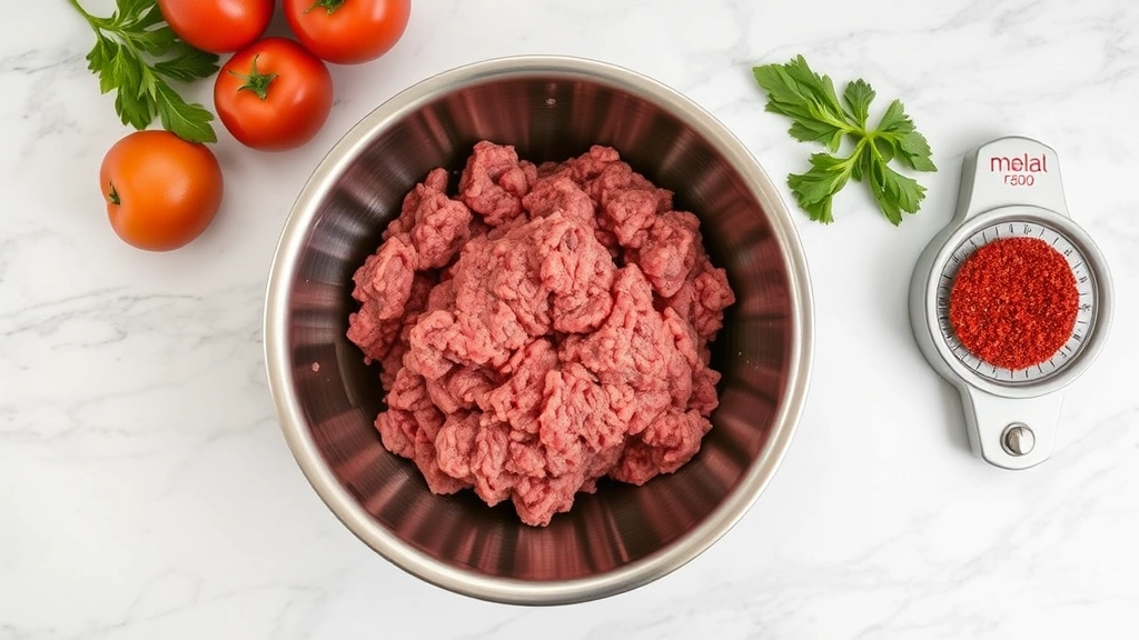 Overhead view of raw ground beef in a stainless steel bowl on a marble countertop with measuring scale, soft natural lighting, food photography style