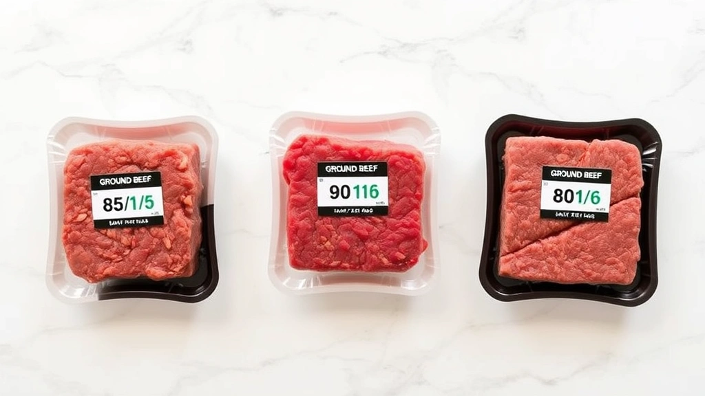 Overhead flat lay composition showing three different ground beef packages labeled with fat ratios (85/15, 90/10, 80/20) arranged symmetrically on a clean white marble surface with subtle shadows, representing comparison and nutritional analysis