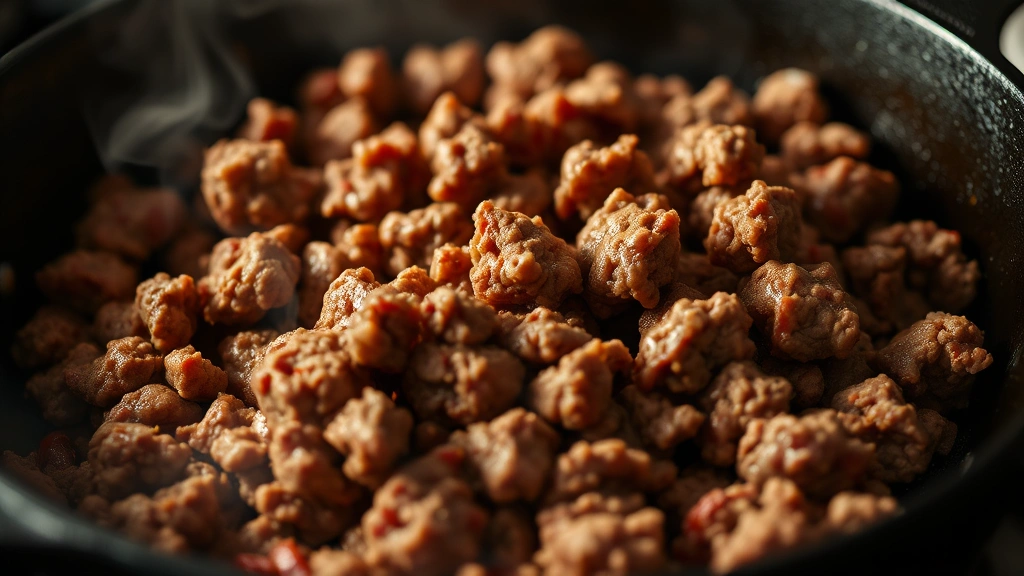 Close-up of ground beef browning in a cast iron skillet over stovetop flame, meat particles separating, steam rising, professional culinary photography