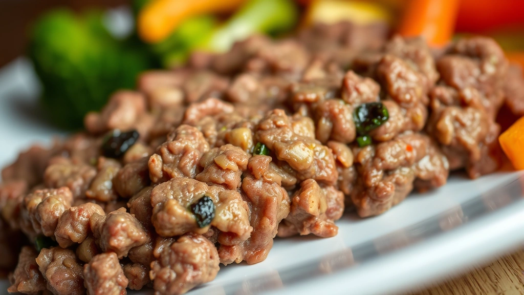 Close-up macro photography of cooked ground beef with visible texture and moisture, served on a white plate with colorful vegetables (broccoli, carrots, bell peppers) arranged artfully, warm professional lighting highlighting the cooked meat's color and appeal