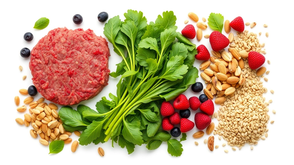 Flat lay arrangement of nutrient-rich foods including ground beef, leafy greens, berries, nuts, and whole grains on white surface, minimalist food styling