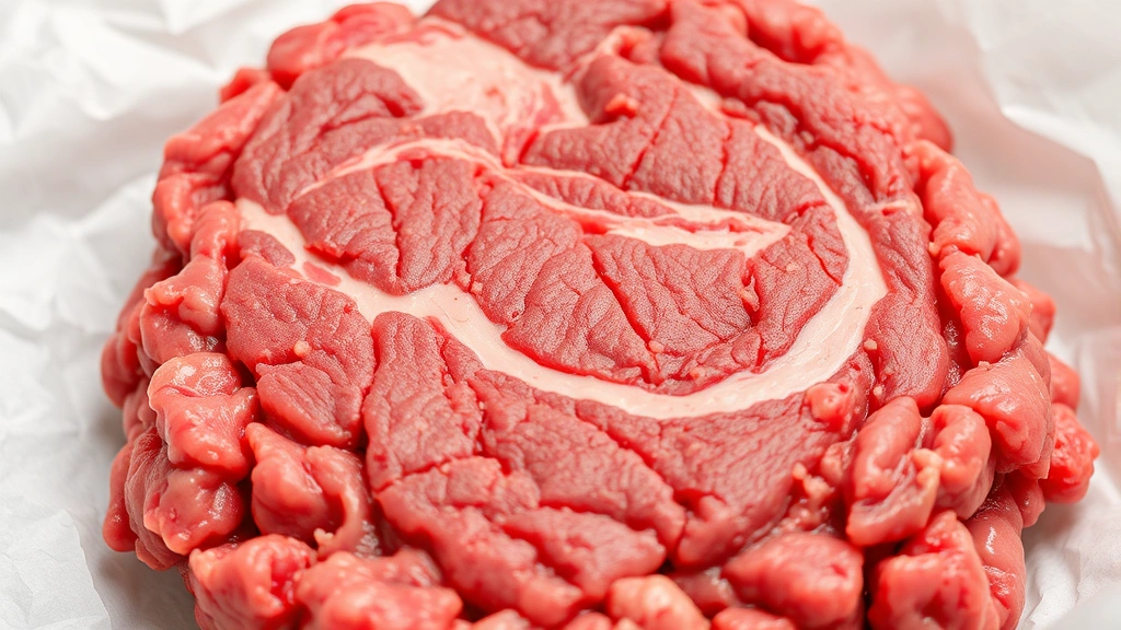 Close-up of raw ground beef with visible marbling on a white butcher paper background, showing texture and color variation, professional food photography style