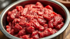 Close-up of raw 90/10 ground beef in a butcher's container, vibrant red color with visible marbling and fat distribution, professional food photography lighting, shallow depth of field focusing on meat texture