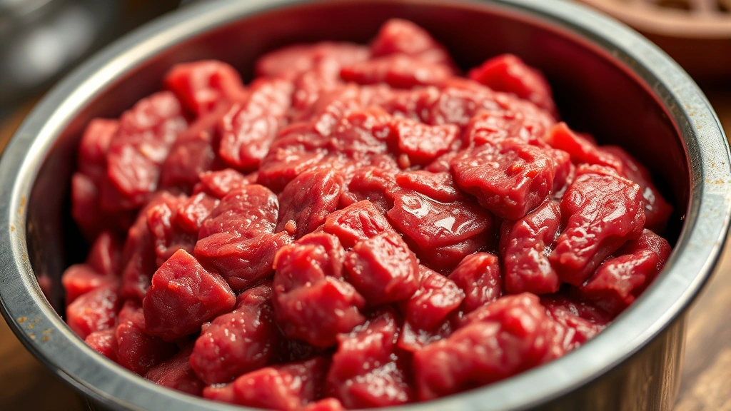 Close-up of raw 90/10 ground beef in a butcher's container, vibrant red color with visible marbling and fat distribution, professional food photography lighting, shallow depth of field focusing on meat texture