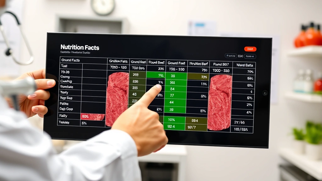 Nutritionist pointing at nutrition facts chart comparing different ground beef varieties (70/30, 80/20, 90/10, 93/7, 96/4) on digital display, clinical healthcare setting