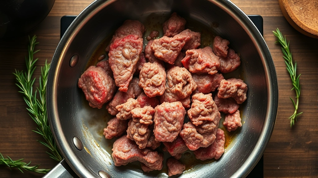 Overhead flat lay of 90/10 ground beef cooking in a stainless steel skillet with browning, steam rising, fresh herbs like rosemary visible beside the pan, warm kitchen lighting, professional culinary photography